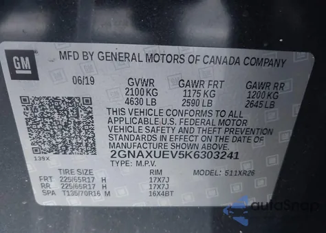 2019 Chevrolet Equinox Lt из США, поврежденный, VIN 2GNAXUEV5K6303241